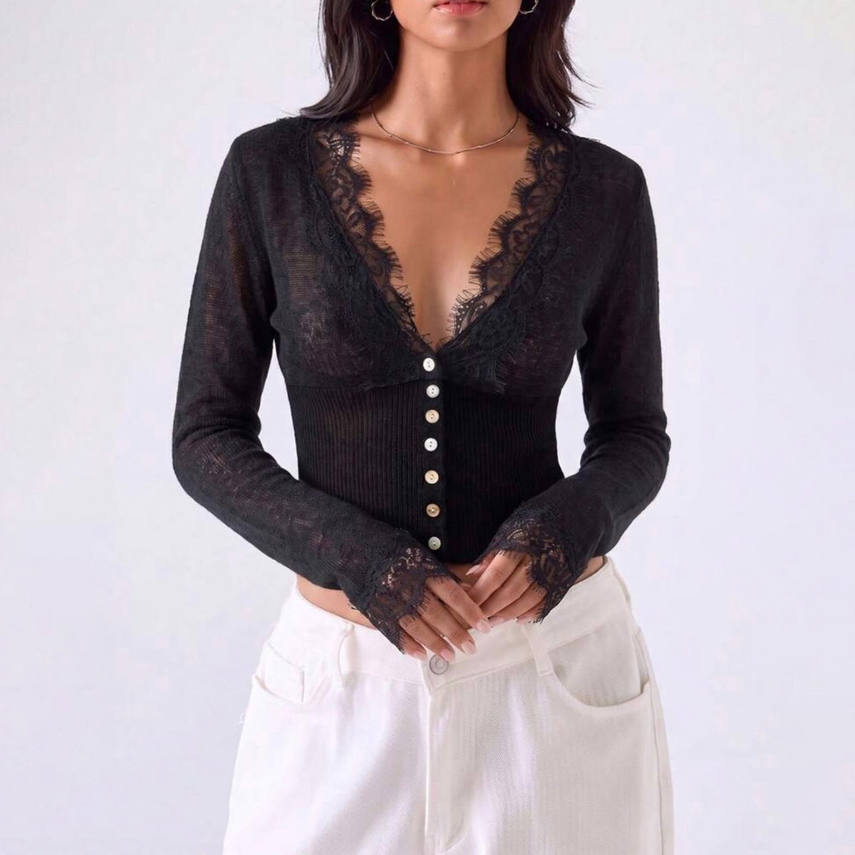 Sunves Aurelie Lace Trim Top in black, full length