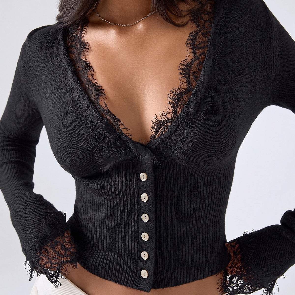 Sunves Aurelie Lace Trim Top in black, front