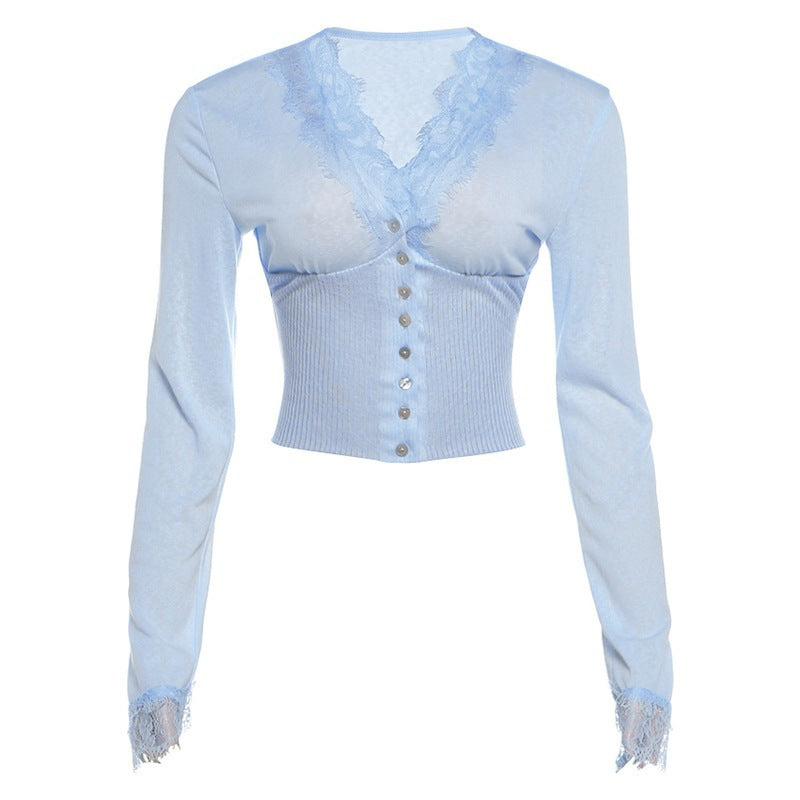 Sunves Aurelie Lace Trim Top in light blue, flat