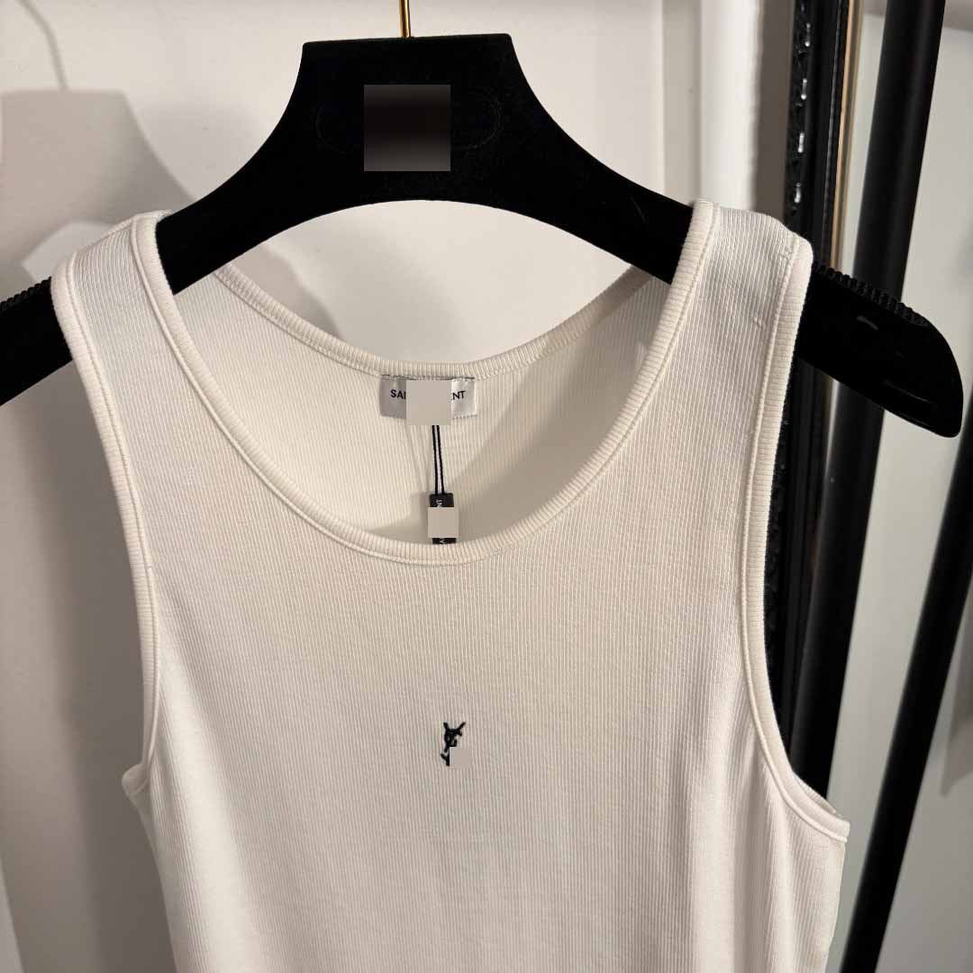 Sunves Capri Ribbed Tank Top in white, neckline and embroidery