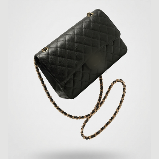 Sunves CC Pebble Medium Bag (25cm) in Black, quilted shoulder bag with a chain strap
