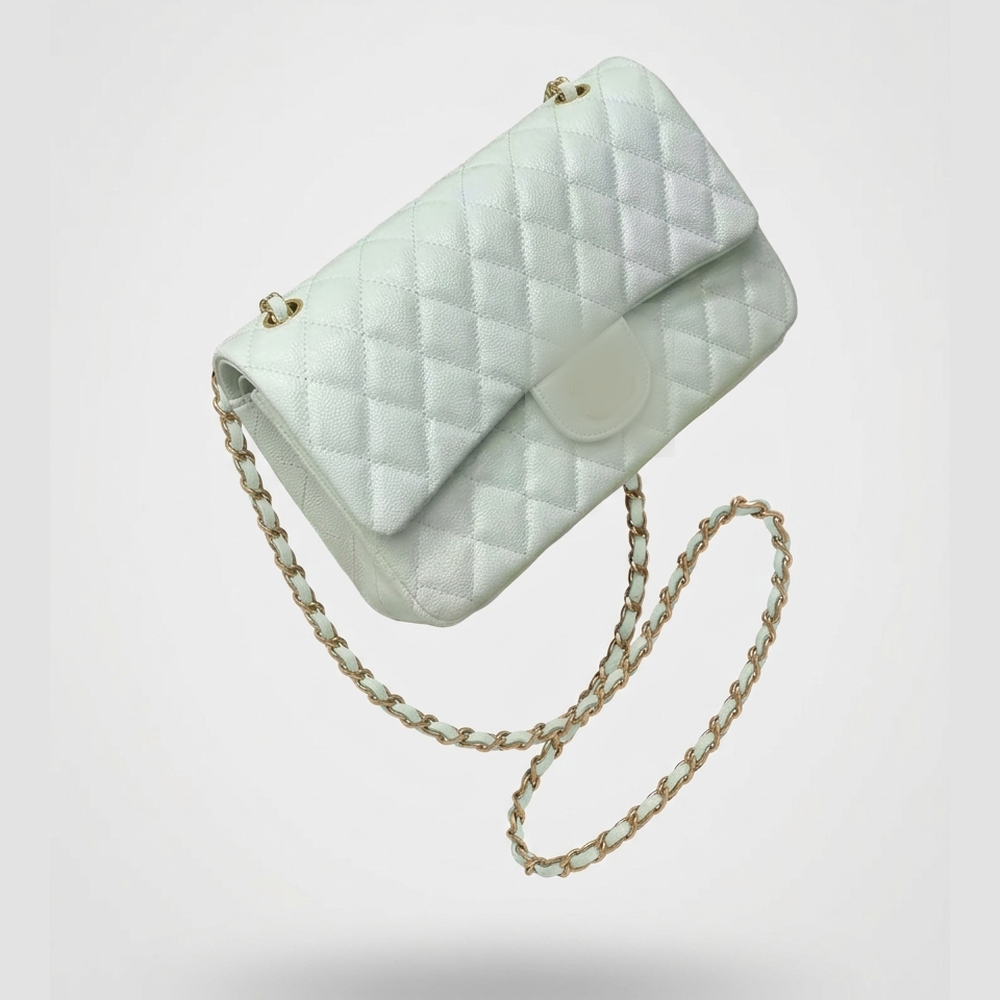 Sunves CC Pebble Medium Bag (25cm) in White, quilted shoulder bag with a chain strap