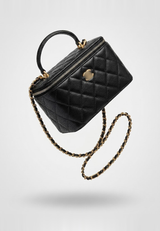 SUNVES MEDIUM VANITY BAG in Black, quilted caviar leather vanity case with a top handle and chain strap