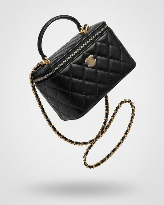 SUNVES CC VANITY BAG in Black, quilted vanity case with a top handle and chain strap