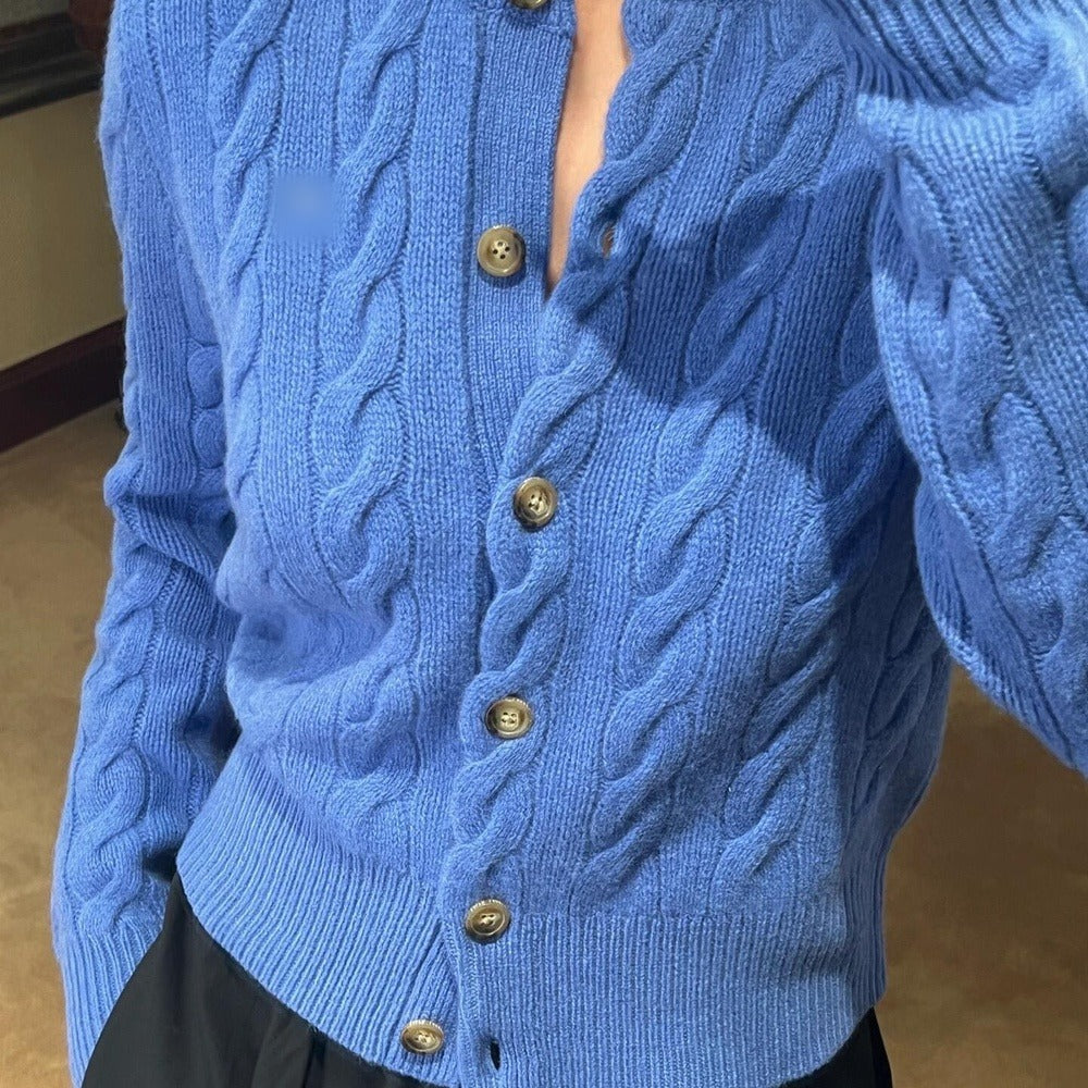 Sunves Cable Knit Cardigan in blue, worn