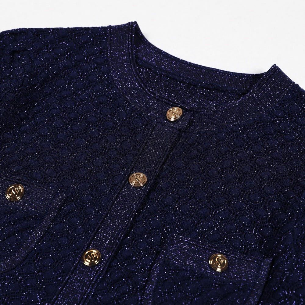 Sunves Lurex Knit Dress in navy, neckline and buttons