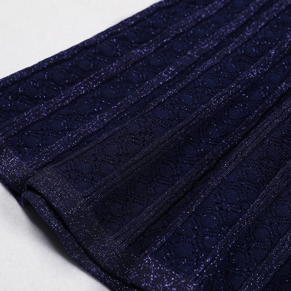 Sunves Lurex Knit Dress in navy, pleated skirt