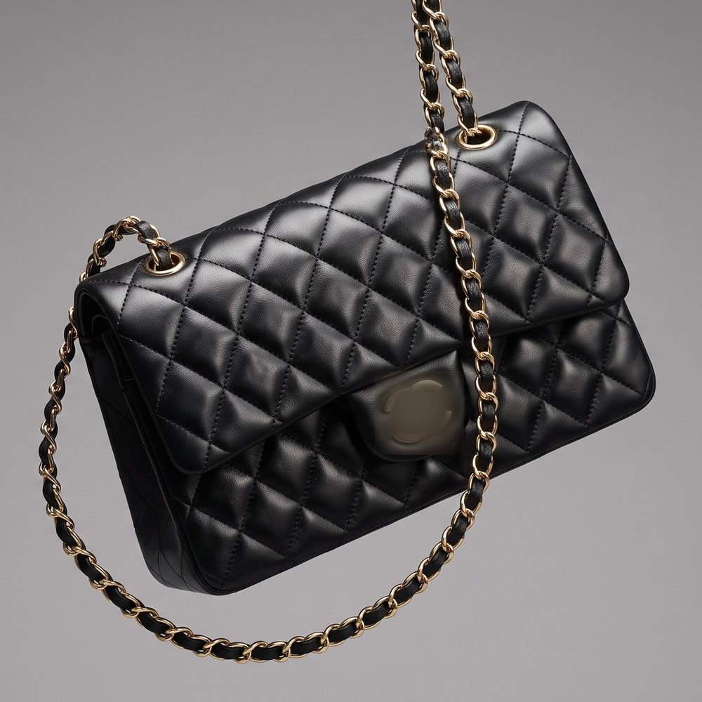 Sunves Lambskin Medium Bag (25cm) in Black, quilted glossy shoulder bag with a chain strap