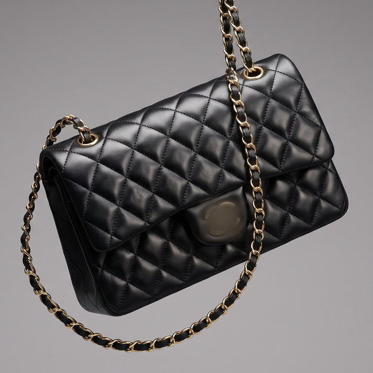 Sunves Lambskin Medium Bag (25cm) in Black, quilted glossy shoulder bag with a chain strap