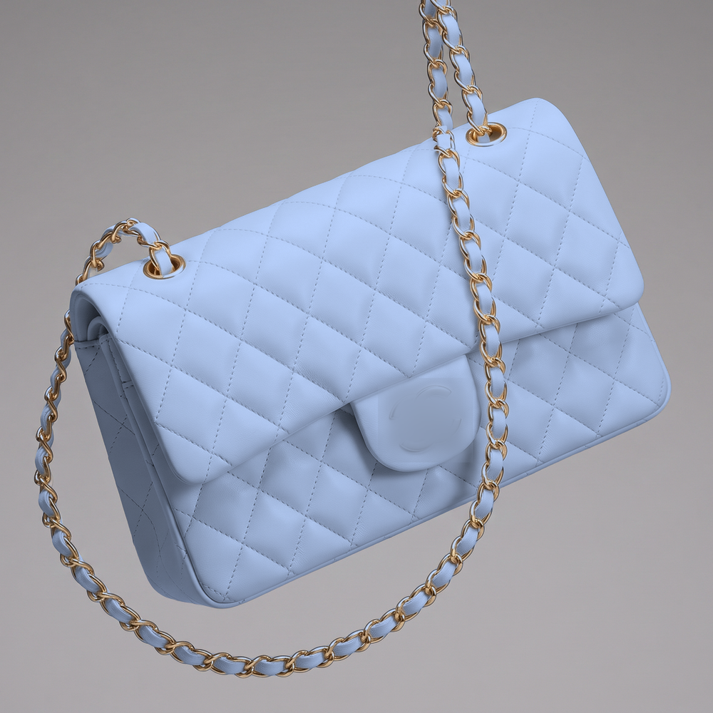 Sunves Lambskin Medium Bag (25cm) in Light blue, quilted glossy shoulder bag with a chain strap