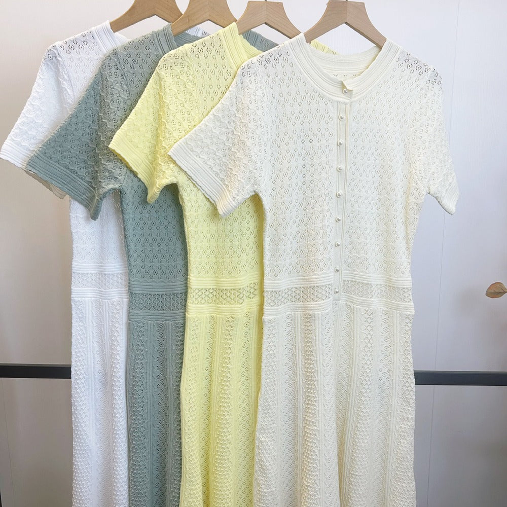 Sunves Pointelle Maxi Dress, four colours hanging