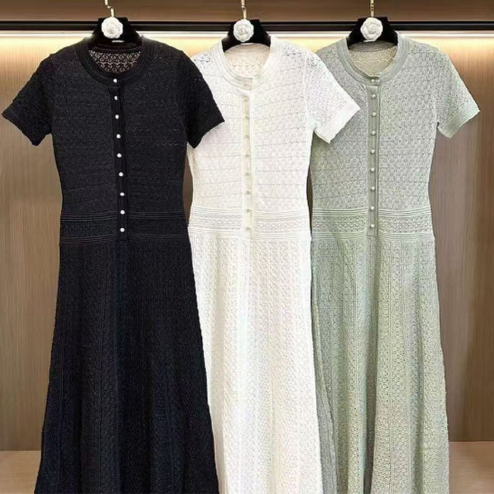 Sunves Pointelle Maxi Dress in black, white and green, hanging