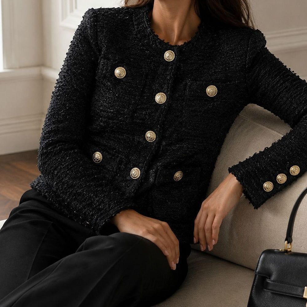 Sunves Tweed Knit Jacket in black, worn