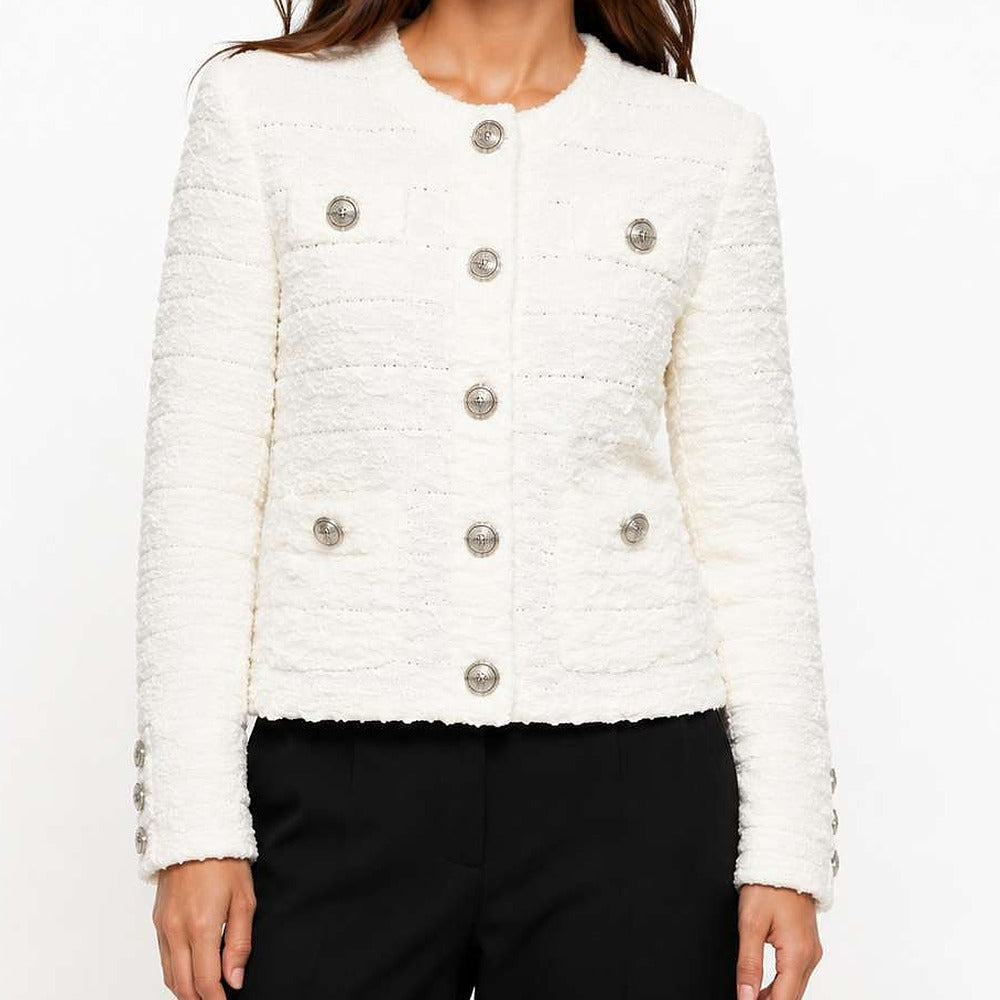 Sunves Tweed Knit Jacket in cream, worn