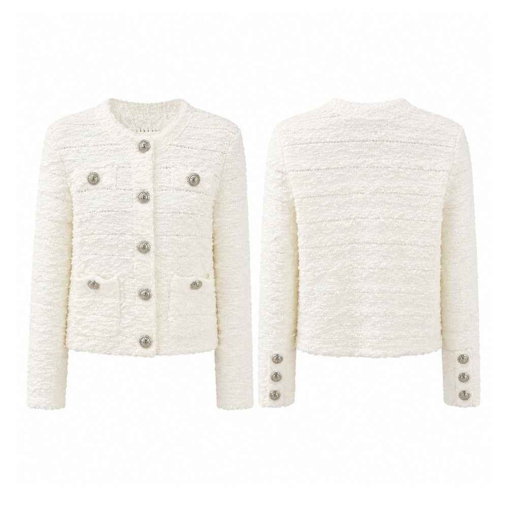 Sunves Tweed Knit Jacket in cream, front and back