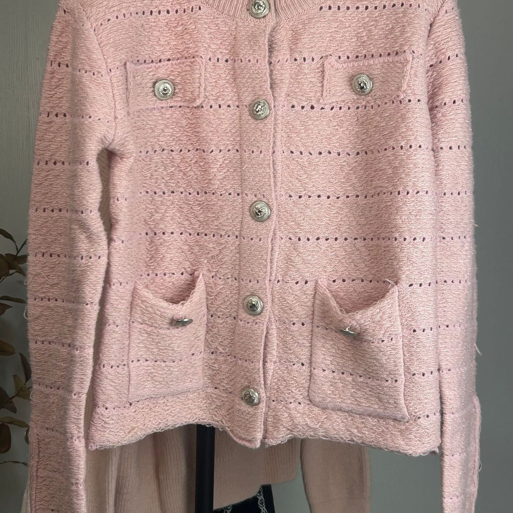 Sunves Tweed Knit Jacket in pink, on the hanger