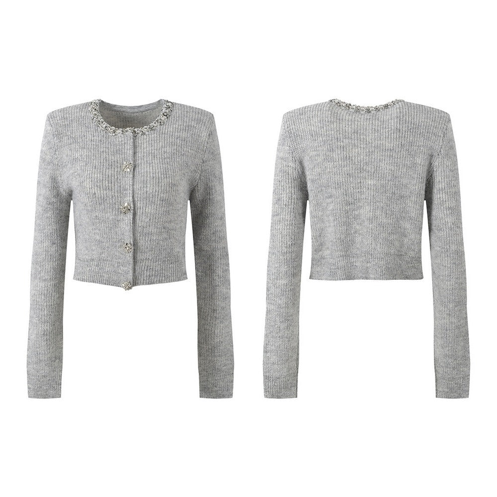 Sunves Rhinestone Cardigan in grey, front and back