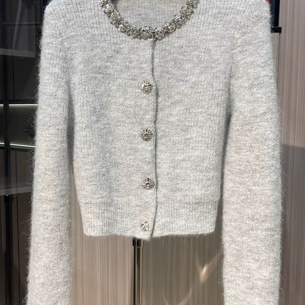 Sunves Rhinestone Cardigan in grey, on the hanger