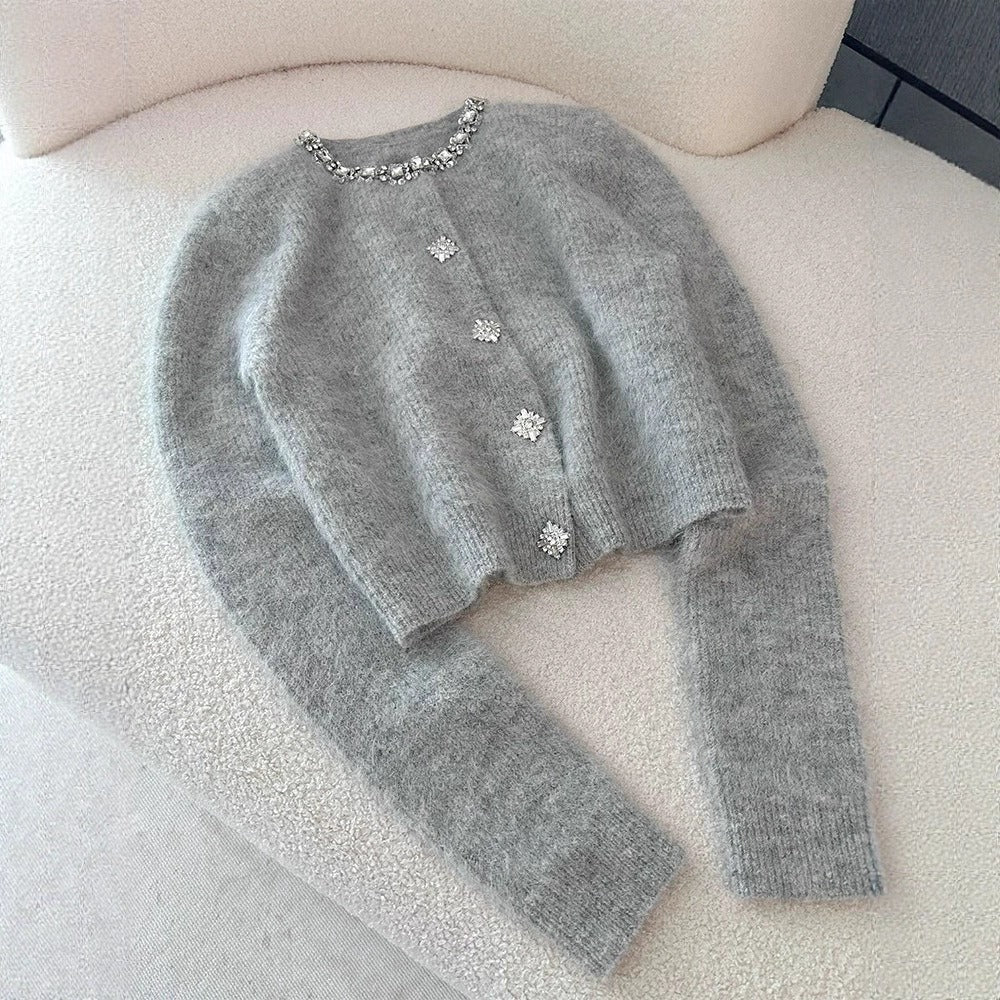 Sunves Rhinestone Cardigan in grey, on the sofa