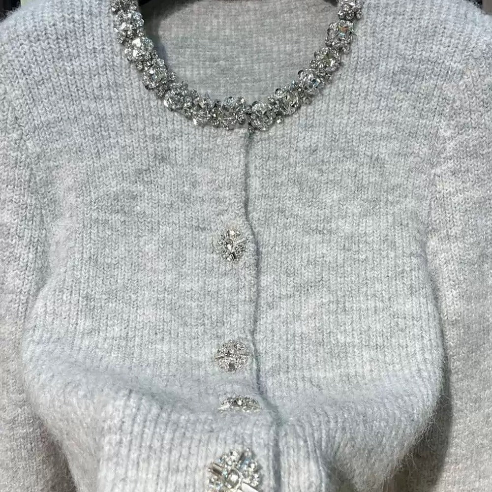Sunves Rhinestone Cardigan, rhinestone neckline