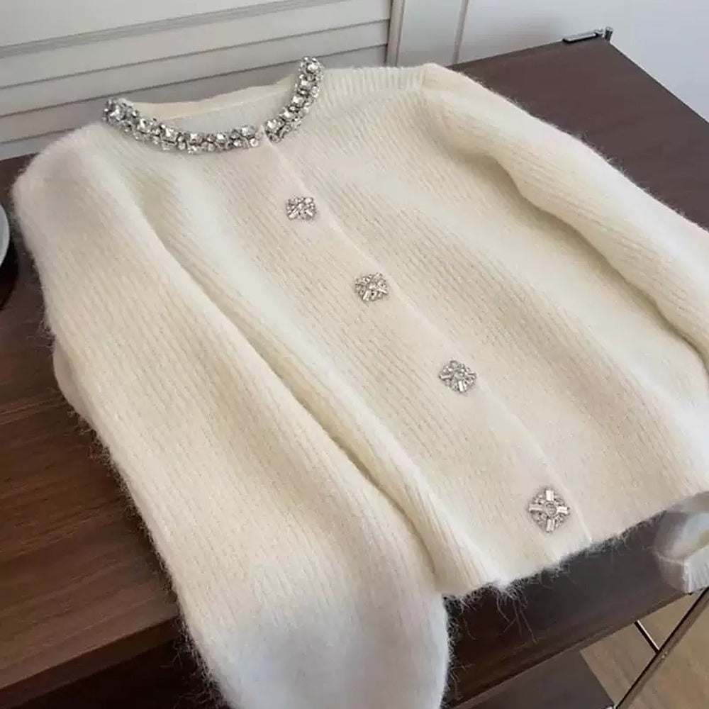 Sunves Rhinestone Cardigan in white, flat