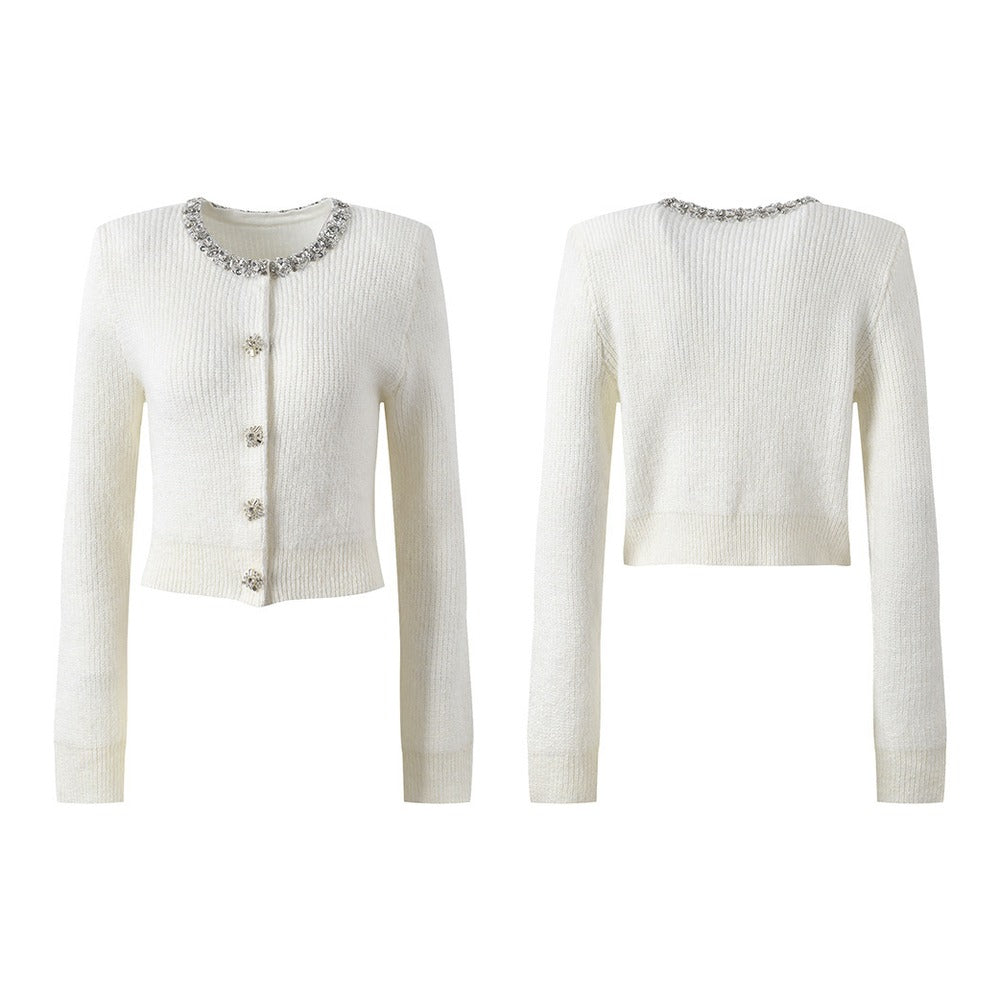 Sunves Rhinestone Cardigan in white, front and back