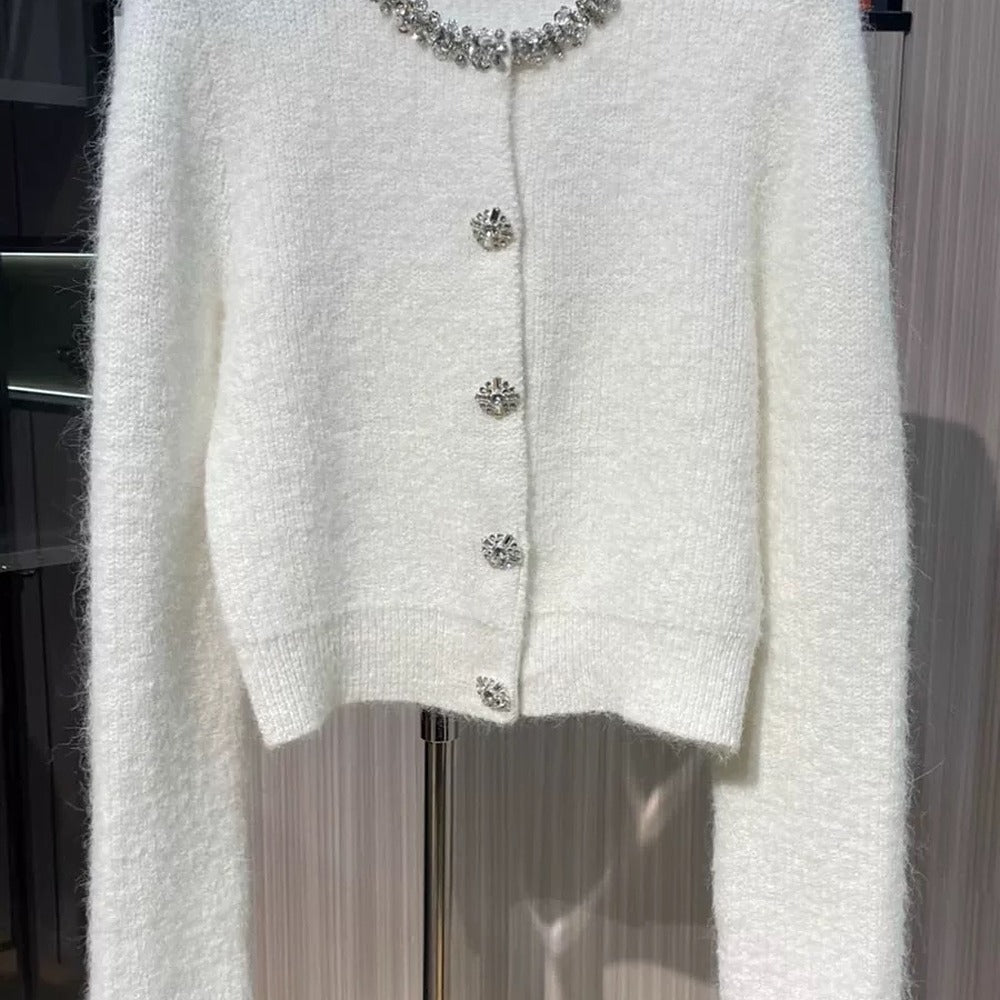Sunves Rhinestone Cardigan in white, on the hanger