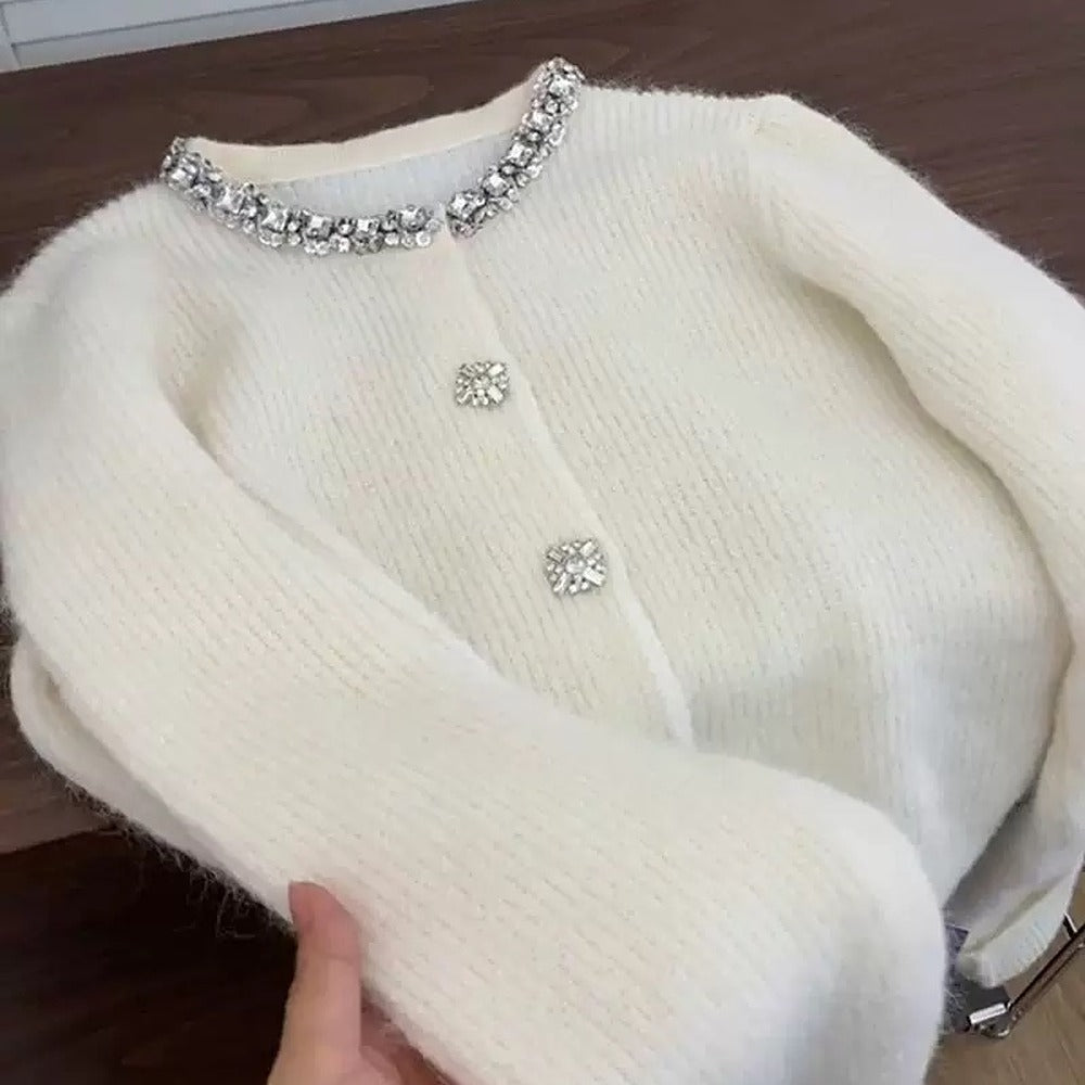 Sunves Rhinestone Cardigan in white, held up