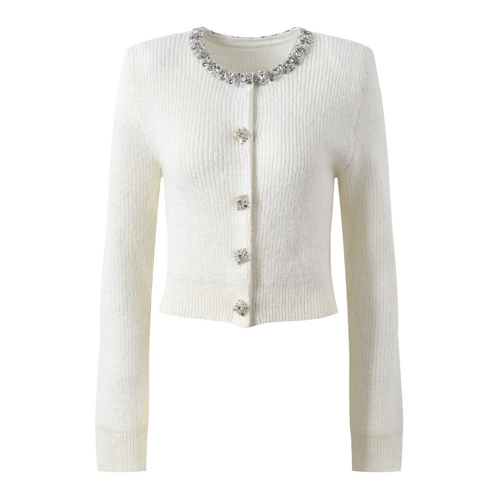 Sunves Rhinestone Cardigan in white, front