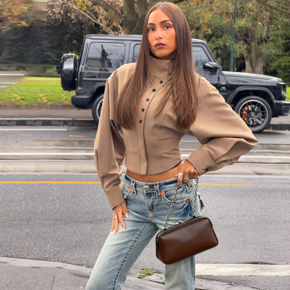Sunves Rhea Cropped Top in taupe, hand on hip