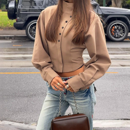 Sunves Snap Cropped Top in taupe, front