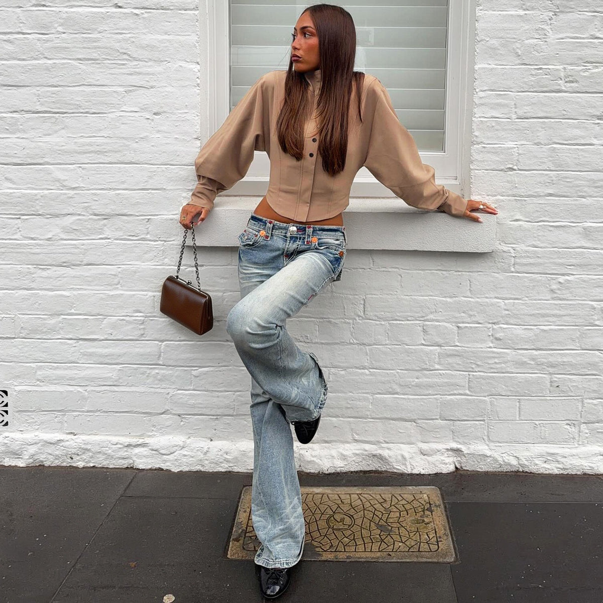 Sunves Rhea Cropped Top in taupe, leaning