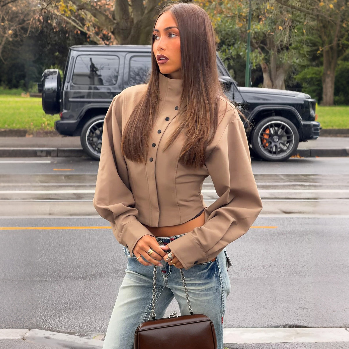 Sunves Rhea Cropped Top in taupe, front