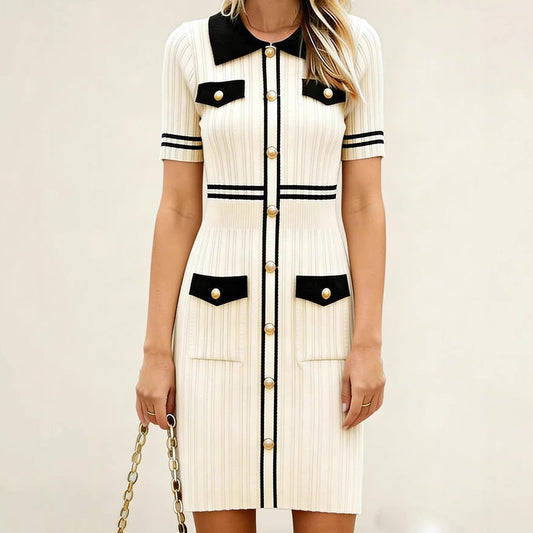 Sunves Polo Knit Dress in cream with black trim, front