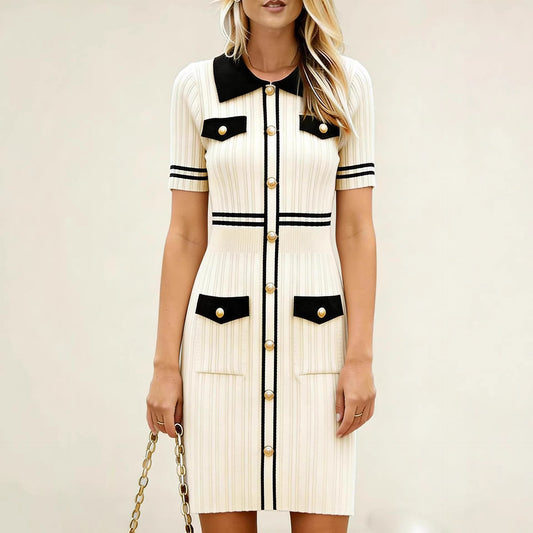 Sunves Riviera Knit Dress in cream with black trim, front