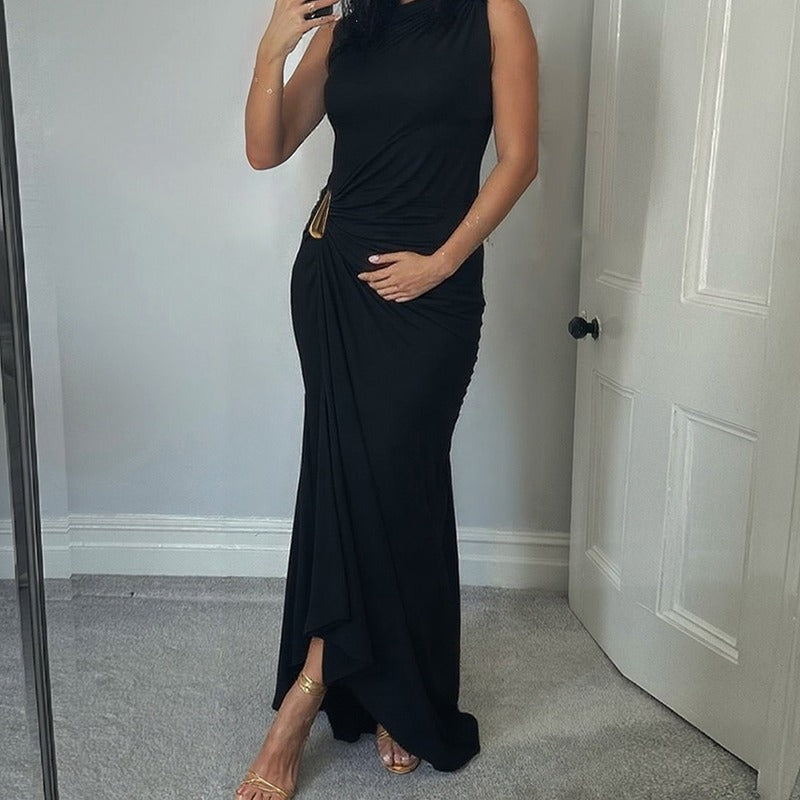 Sunves Sienna Draped Maxi Dress in black, mirror