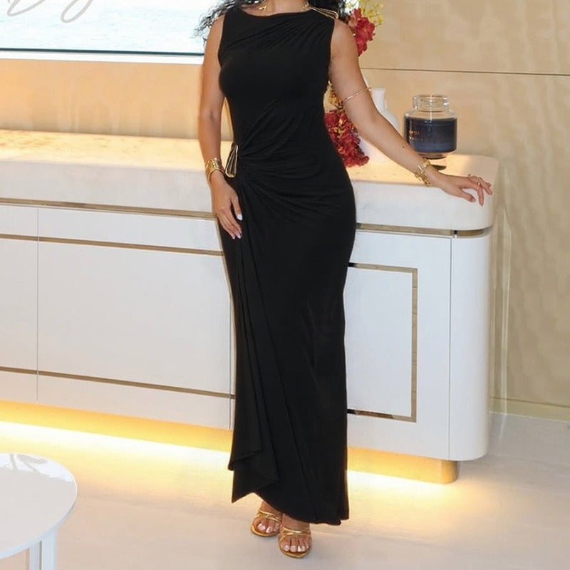 Sunves Sienna Draped Maxi Dress in black, at the bar