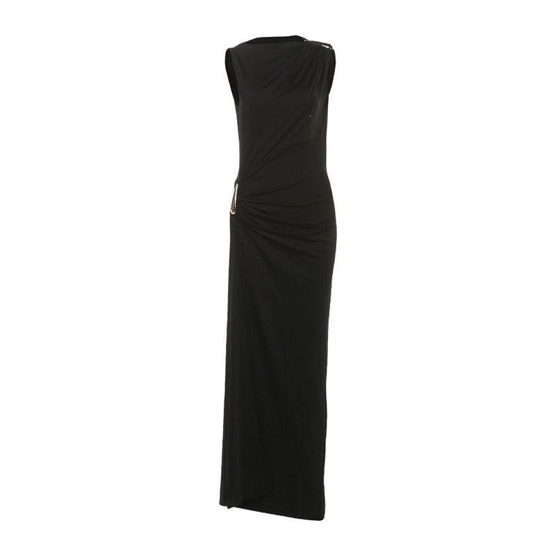 Sunves Sienna Draped Maxi Dress in black, flat