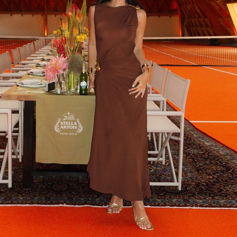 Sunves Sienna Draped Maxi Dress in brown, at the table