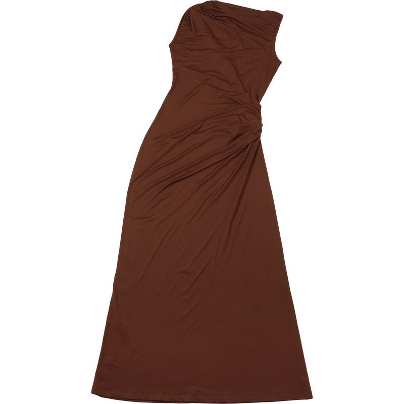 Sunves Sienna Draped Maxi Dress in brown, flat drape