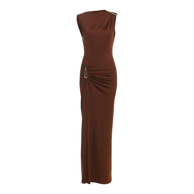 Sunves Sienna Draped Maxi Dress in brown, flat