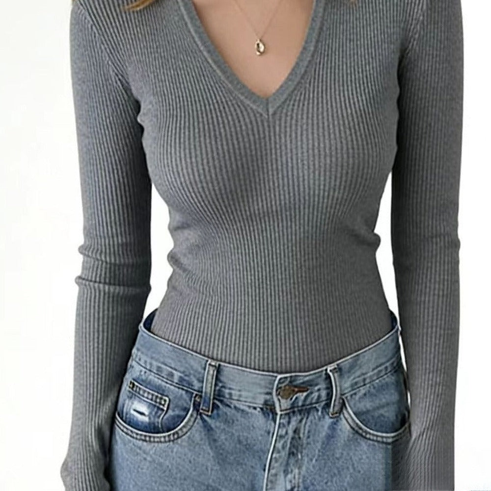 Sunves Ribbed V-Neck Top in grey, front