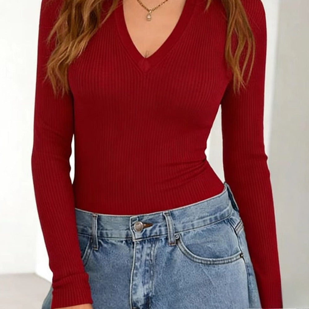 Sunves Ribbed V-Neck Top in burgundy, front