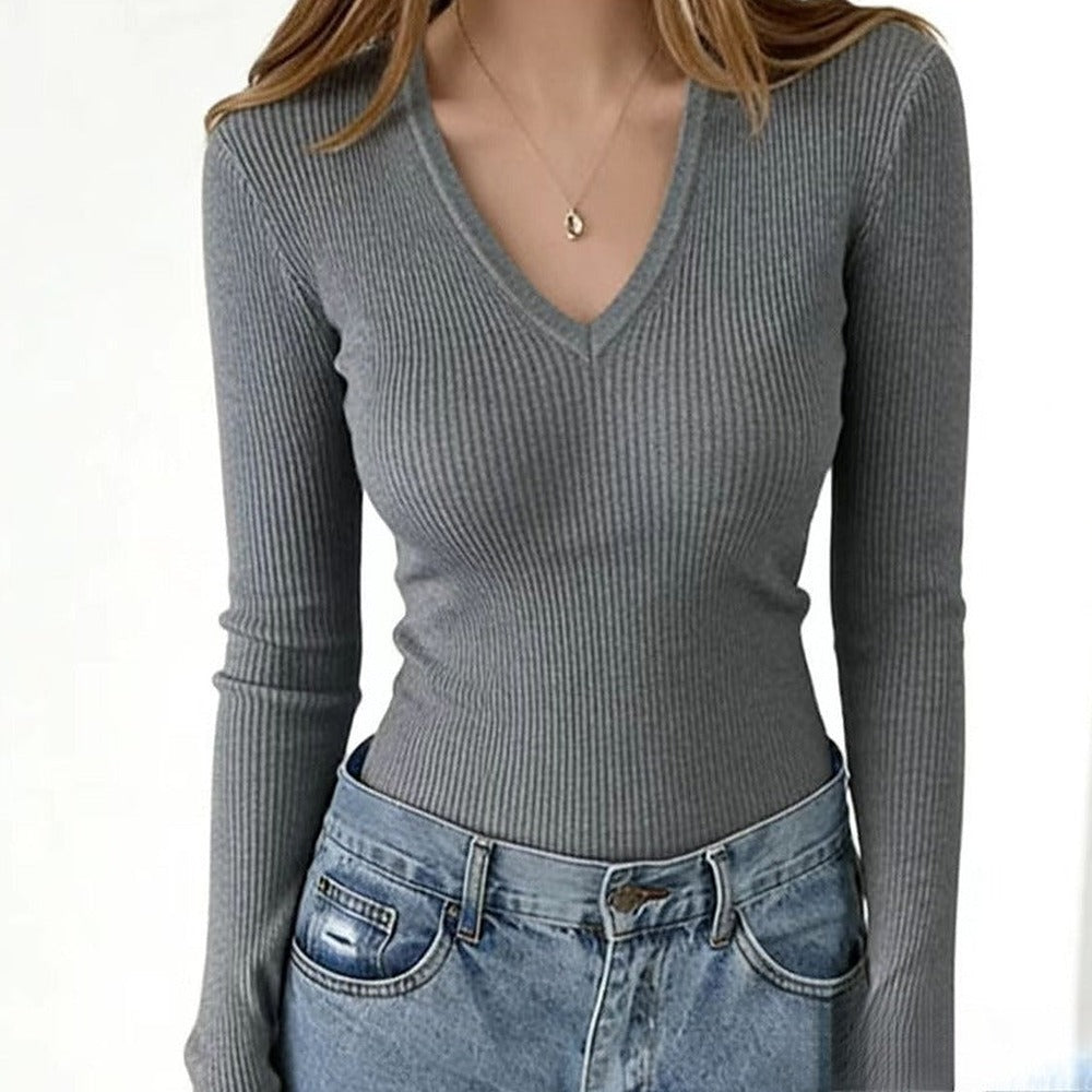 Sunves Ribbed V-Neck Top in grey, front