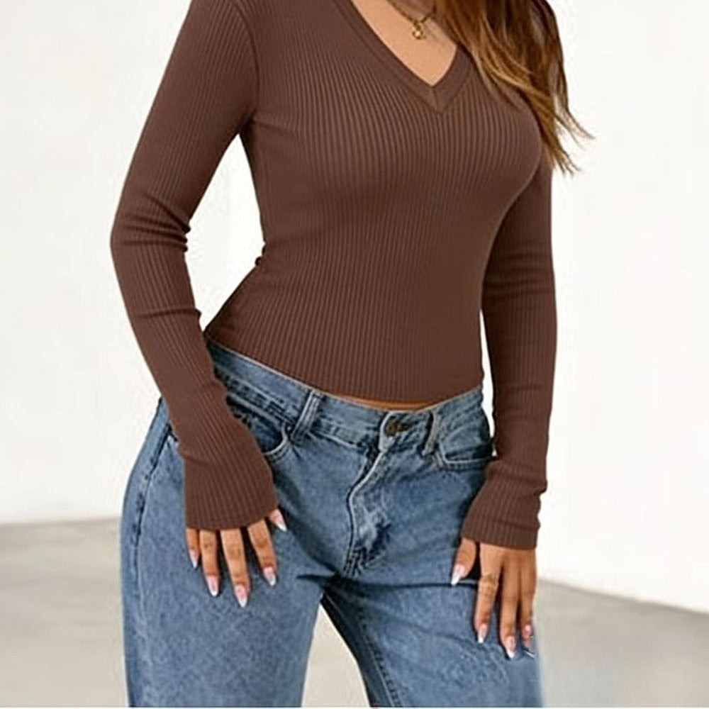 Sunves Ribbed V-Neck Top in brown, three-quarter
