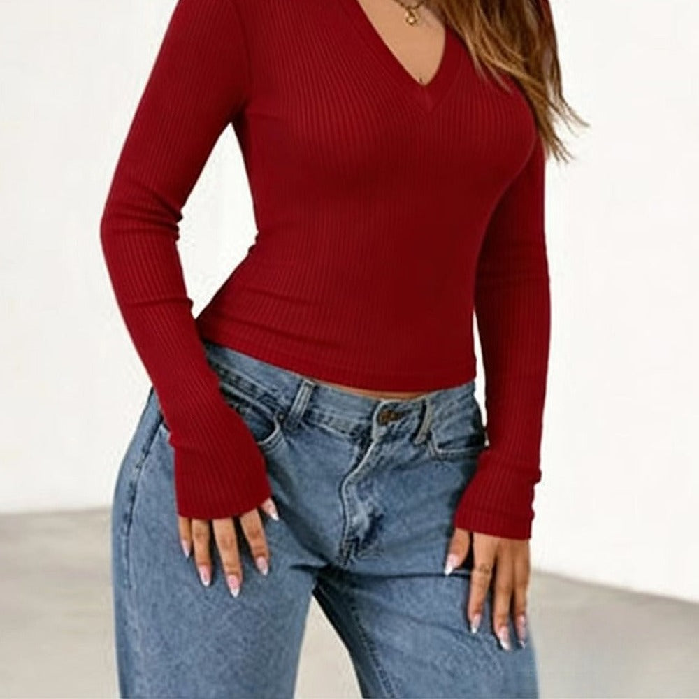 Sunves Ribbed V-Neck Top in burgundy, three-quarter
